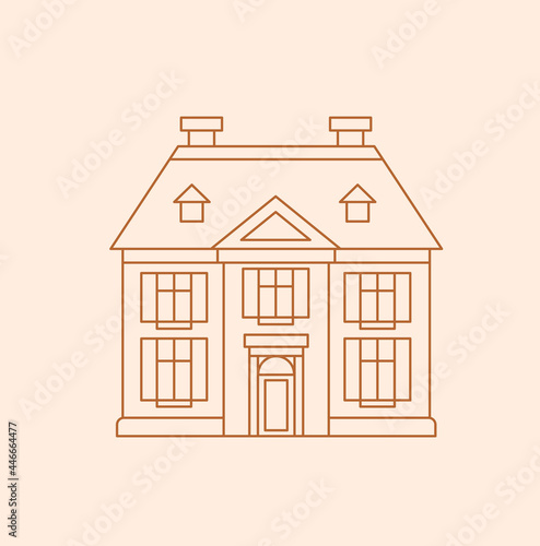 Old english mansion. Minimalistic outline simple vector logo for real estate, renovation, home repairs, chotel business, boarding house, hostel, rental housing. Linear vector illustration.