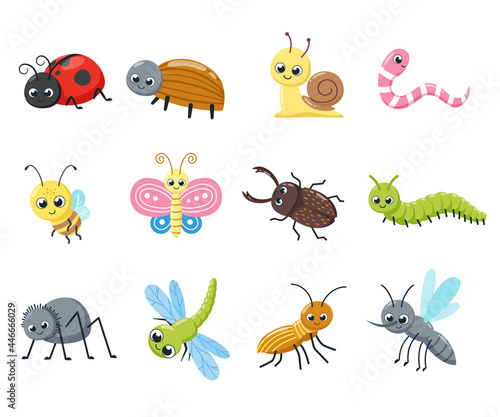 A collection of cute insects. Funny bugs, snail, fly, bee, ladybird, spider, mosquito. Cartoon vector illustration. © Arina