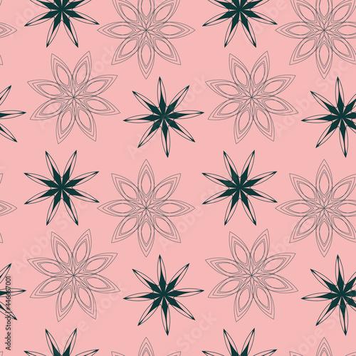 Vector green snowflake stars pink seamless pattern