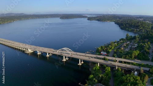 Drone Above Following I-90 Bridge Over Lake Washington Going Towards Mercer Island photo