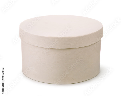 Front view of blank unpainted round wooden box © Coprid