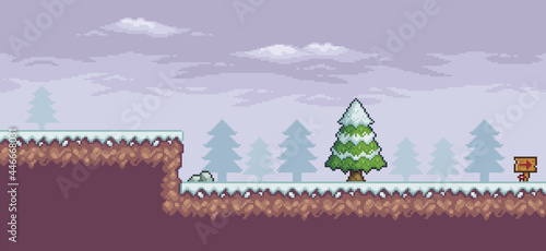 Pixel art game scene in snow with pine trees, clouds, indicative board 8bit background