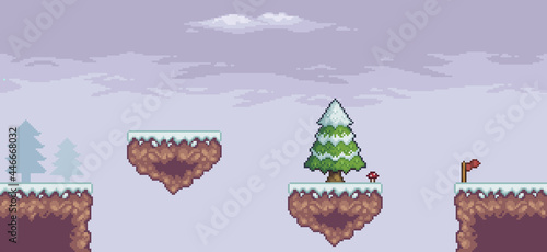 Pixel art game scene in snow with floating platform, pine trees, clouds and 8bit background