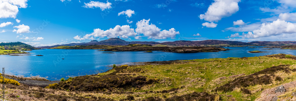 A panorama view down Loch Dunvegan on the island of Skye, Scotland on a summers day