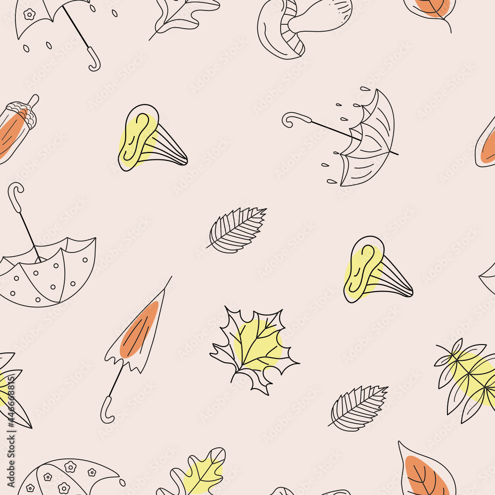 Doodle autumn pattern. Mushrooms, umbrellas, leaves. Seamless vector background.