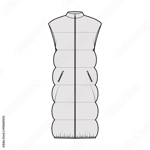 Down vest puffer waistcoat technical fashion illustration with sleeveless, stand collar, pockets, oversized, knee length, wide quilting. Flat template front, grey color. Women, men, unisex CAD mockup