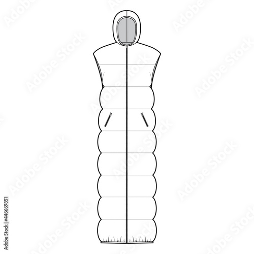 Down vest puffer waistcoat technical fashion illustration with sleeveless, hoody collar, zip-up closure, pockets, maxi length. Flat template front, white color style. Women, men, unisex top CAD mockup