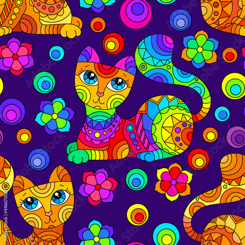 Seamless pattern with bright cats and flowers in stained glass style on a blue background