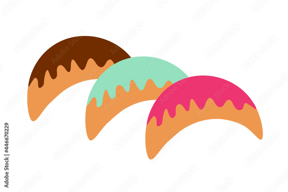 Naklejka premium Bagels with various fillings and colored glaze on an isolated background. Tea time. Dessert. Design elements. Unhealthy food. Vector.