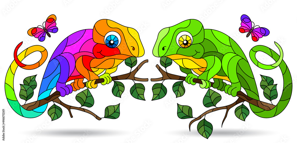 Obraz premium A set of illustrations in the style of stained glass with bright abstract chameleons, animals isolated on a white background