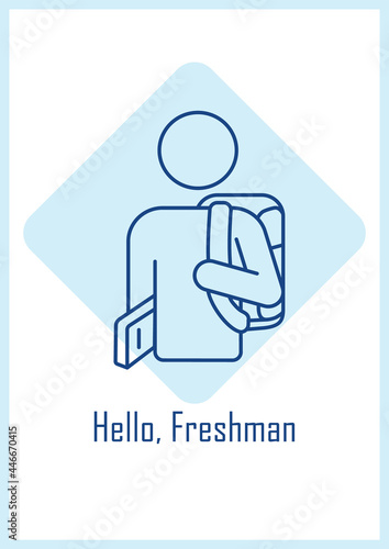 Warm welcome to new student postcard with linear glyph icon. Greeting card with decorative vector design. Simple style poster with creative lineart illustration. Flyer with holiday wish
