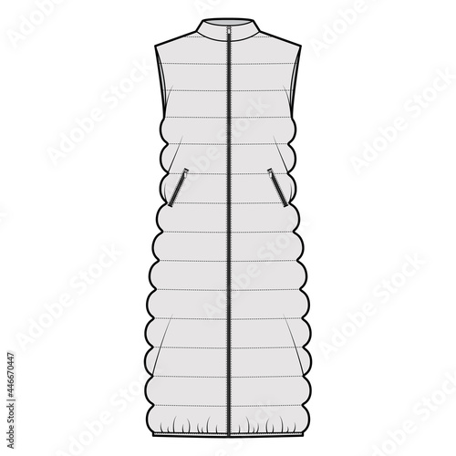 Down vest puffer waistcoat technical fashion illustration with sleeveless, stand collar, zip-up closure, oversized, classic quilting. Flat template front, grey color style. Women, men top CAD mockup