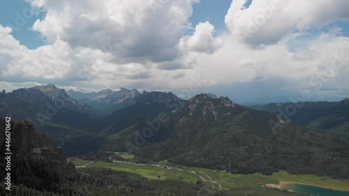 Colorado usa rocky mountain range epic peaks valleys high elevation drone aerial view above rock summer sun blue sky clouds with river in uncompahgre national forest scenic travel landscape 4k photo