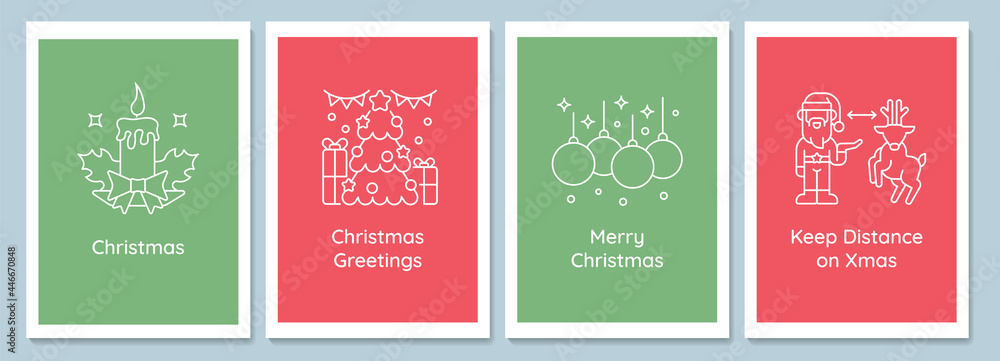 Celebrating Christmas traditions postcards with linear glyph icon set. Greeting card with decorative vector design. Simple style poster with creative lineart illustration. Flyer with holiday wish