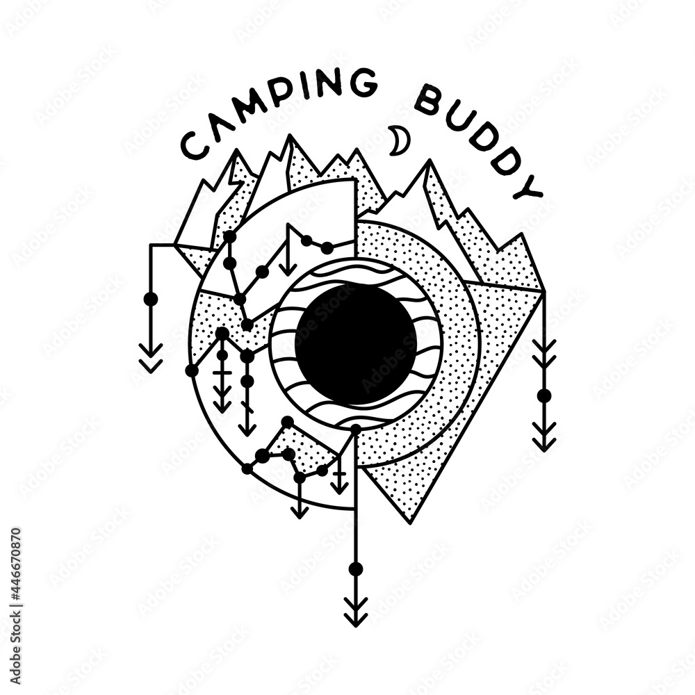Obraz premium Camping Sacred geometry adventure badge design. Outdoor crest logo with mountains and trees. Travel silhouette label isolated. Stock tattoo crescent moon emblem
