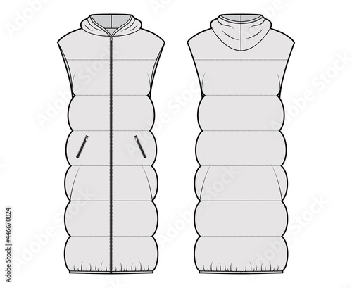 Down vest puffer waistcoat technical fashion illustration with sleeveless, zip-up closure, oversized, knee length, wide quilting. Flat template front, back, grey color style. Women, men unisex top CAD