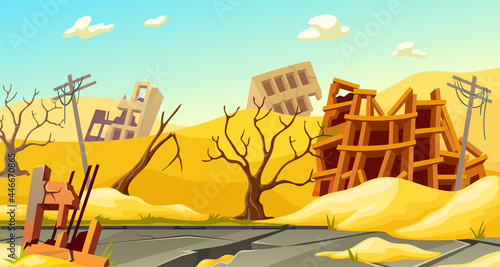Destroyed buildings after sandstorm, earthquake, storm, tornado, natural disaster. Derelict broken houses in desert. Cartoon game landscape with mountains of sand.