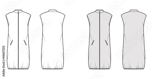 Down vest puffer waistcoat technical fashion illustration with sleeveless, stand collar, zip-up closure, loose fit, knee length. Flat template front, back, white, grey color style. Women, men, top CAD