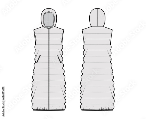 Hooded Down vest puffer waistcoat technical fashion illustration with sleeveless, zip-up closure, midi length, classic quilting. Flat template front, back, grey color. Women men, unisex top CAD mockup