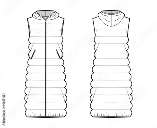 Hooded Down vest puffer waistcoat technical fashion illustration with sleeveless, zip-up closure, oversized, midi length. Flat template front, back, white color style. Women, men unisex top CAD mockup