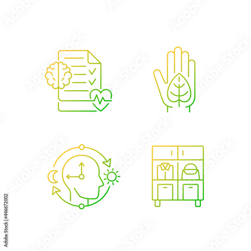 Positive progress in life gradient linear vector icons set. Mental health awareness. Green living. Circadian rhythms. Thin line contour symbols bundle. Isolated vector outline illustrations collection