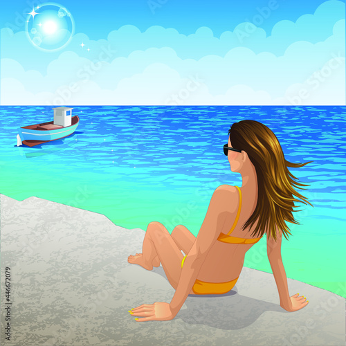 Tanned young woman in yellow swimsuit sitting on a rocky beach looking at a fishing boat on a sunny summer day © Manuela