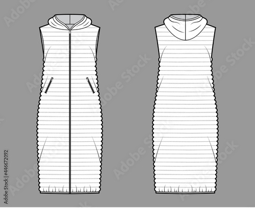 Down vest puffer waistcoat technical fashion illustration with hoody collar, zip-up closure, pockets, loose body, midi, narrow quilting. Flat template front, back, white color. Women, men, CAD mockup