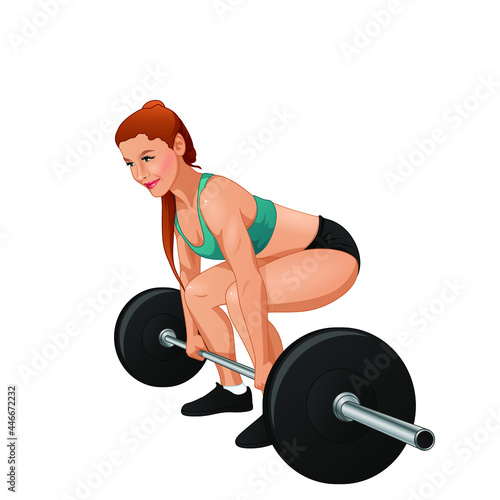 Woman training barbell squat. Vector illustration