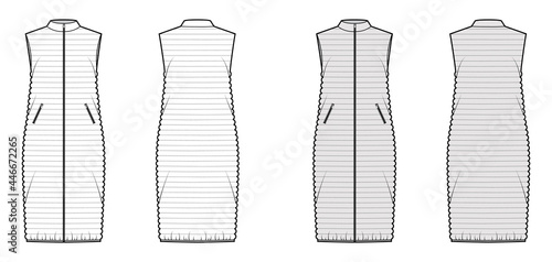 Down vest puffer waistcoat technical fashion illustration with sleeveless, stand collar, zip-up closure, pockets, midi length. Flat template front, back, white, grey color style. Women, men CAD mockup