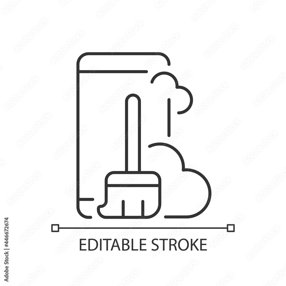 Dust and dirt inside the phone linear icon. Smartphone and broom. Remove dust. Thin line customizable illustration. Contour symbol. Vector isolated outline drawing. Editable stroke Dust and dirt inside the phone linear icon. Smartphone and broom. Remove dust. Thin line customizable illustration. Contour symbol. Vector isolated outline drawing. Editable stroke
