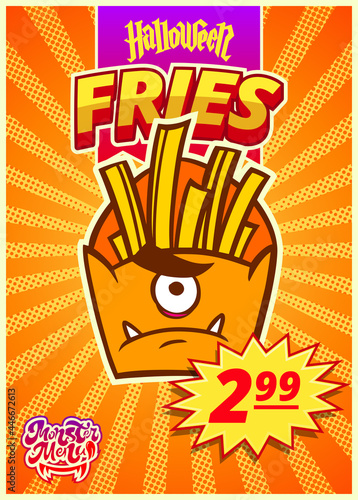 Monster menu with fries. A vertical banner with a price tag for a fast food cafe on Halloween day. Vector illustration.
