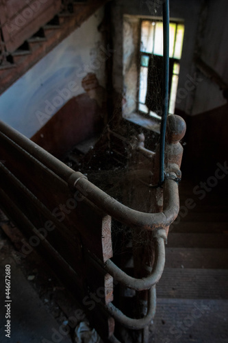  Old wooden railing in a spider web