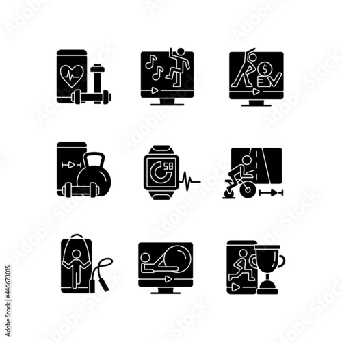Online fitness training apps black glyph icons set on white space. Workout subscription. Weight control. Aerobic classes. Virtual dancing and jumping. Silhouette symbols. Vector isolated illustration