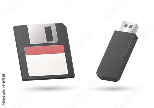 Floppy disk and usb stick. Data storage. Colored vector illustration. Isolated on white background.