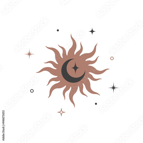 Mystical shining silhouette sun and crescent in retro vintage style. Spiritual elegant symbol for branding name logo. Esoteric celestial Vector illustration