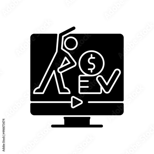 Online fitness workout subscription black glyph icon. Home working classes and programs. Virtual coaching individual skill improvement. Silhouette symbol on white space. Vector isolated illustration