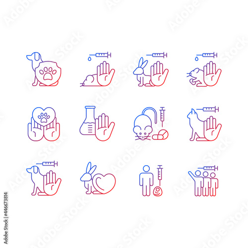 No animal testing gradient linear vector icons set. Dog and cat protection. Cruelty free label for cosmetic. Thin line contour symbols bundle. Isolated vector outline illustrations collection