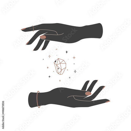 Mystical shining crystal between woman hands. Spiritual chic symbol for branding name logo. Esoteric celestial Vector illustration