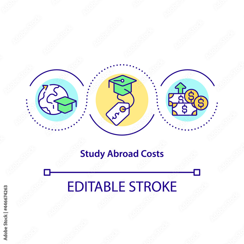 Study abroad costs concept icon. Tuition and living fees abstract idea thin line illustration. International scholarships. Taking loans. Vector isolated outline color drawing. Editable stroke Study abroad costs concept icon. Tuition and living fees abstract idea thin line illustration. International scholarships. Taking loans. Vector isolated outline color drawing. Editable stroke