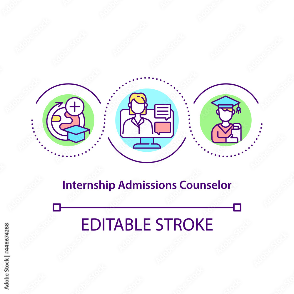 Internship admissions counselor concept icon. Intern program coordinator abstract idea thin line illustration. Prospective students recruitment. Vector isolated outline color drawing. Editable stroke