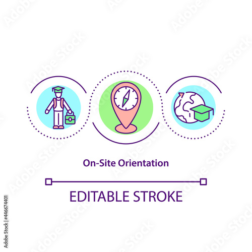 On-site orientation for international interns concept icon. Participants assistance abstract idea thin line illustration. Safe study abroad. Vector isolated outline color drawing. Editable stroke