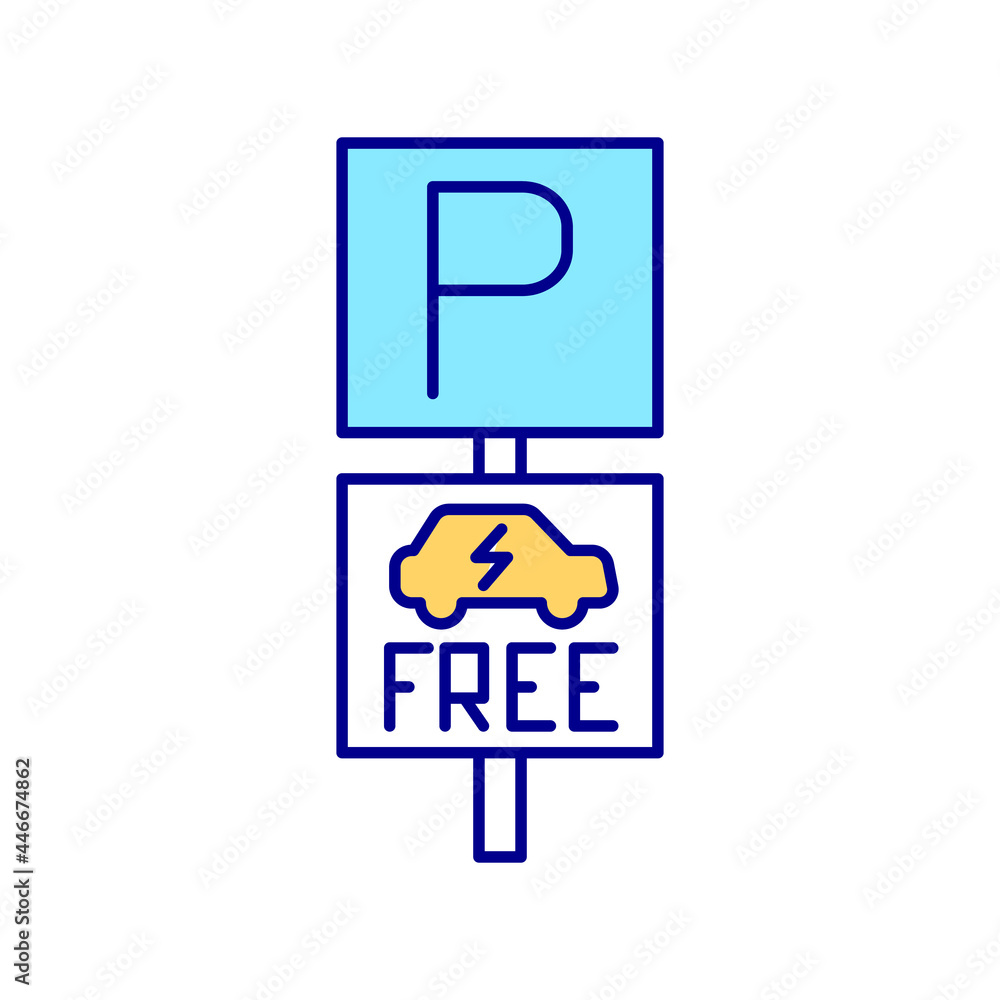 EV free parking RGB color icon. Electric vehicles. Green car simple localization. Low emissions. Hi-tech mission. Alternative fuel condition. Isolated vector illustration. Simple filled line drawing EV free parking RGB color icon. Electric vehicles. Green car simple localization. Low emissions. Hi-tech mission. Alternative fuel condition. Isolated vector illustration. Simple filled line drawing