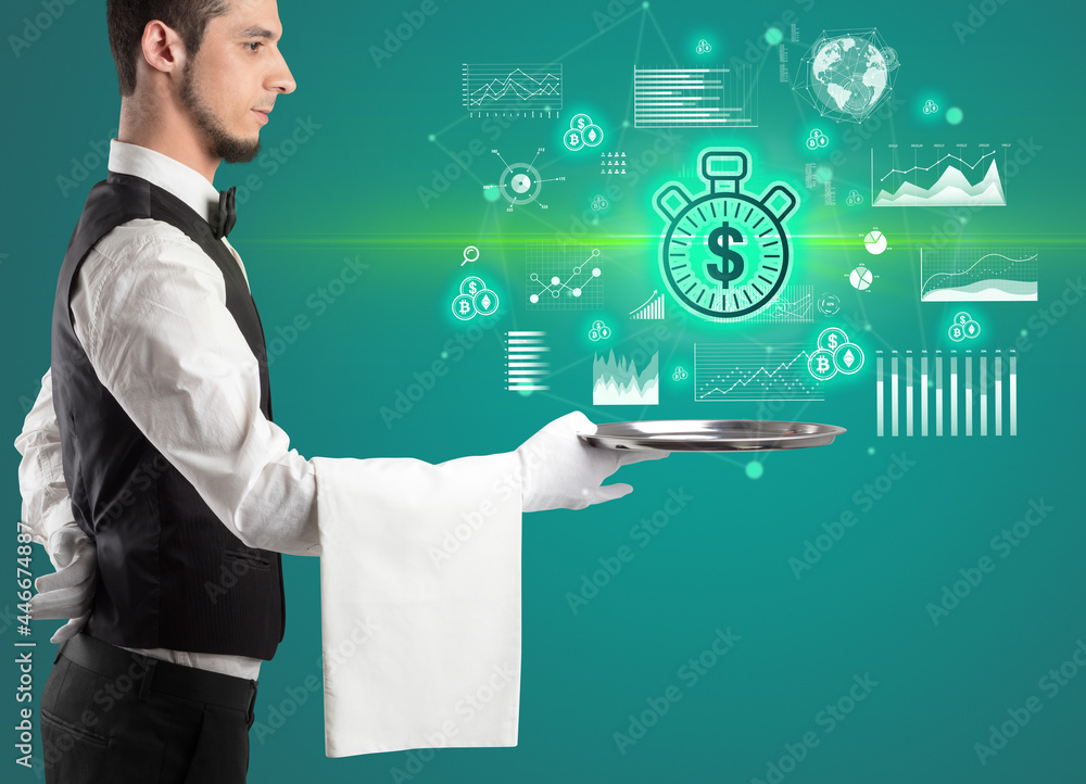 Handsome young waiter in tuxedo holding currency icons on tray Handsome young waiter in tuxedo holding currency icons on tray