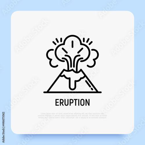 Eruption of volcano thin line icon. Volcanic magma, lava. Natural disaster, catastrophe. Vector illustration.