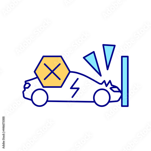 EV protection RGB color icon. Electric vehicles accidents prevention. Car crash protection. Safe driving. Hybrid autonomous safety system. Isolated vector illustration. Simple filled line drawing