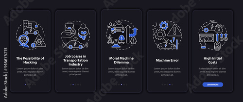 Autonomous cars cons onboarding mobile app page screen. Self-driving bad sides walkthrough 5 steps graphic instructions with concepts. UI, UX, GUI vector template with linear night mode illustrations
