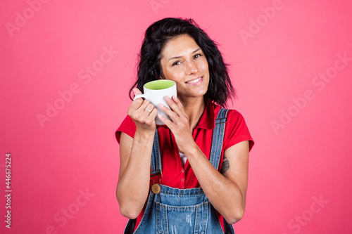 happy girl hold tea cup. good morning. drinking morning coffee. recharge with the energy of coffee. drink energetic beverage. woman with milk cup. mug of cocoa. fresh brewed coffee