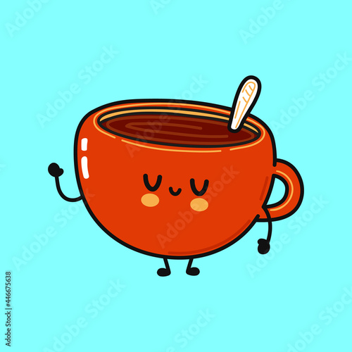 Cute funny cup of coffee character. Vector hand drawn cartoon kawaii character illustration icon. Isolated on blue background. Сup of coffee character concept