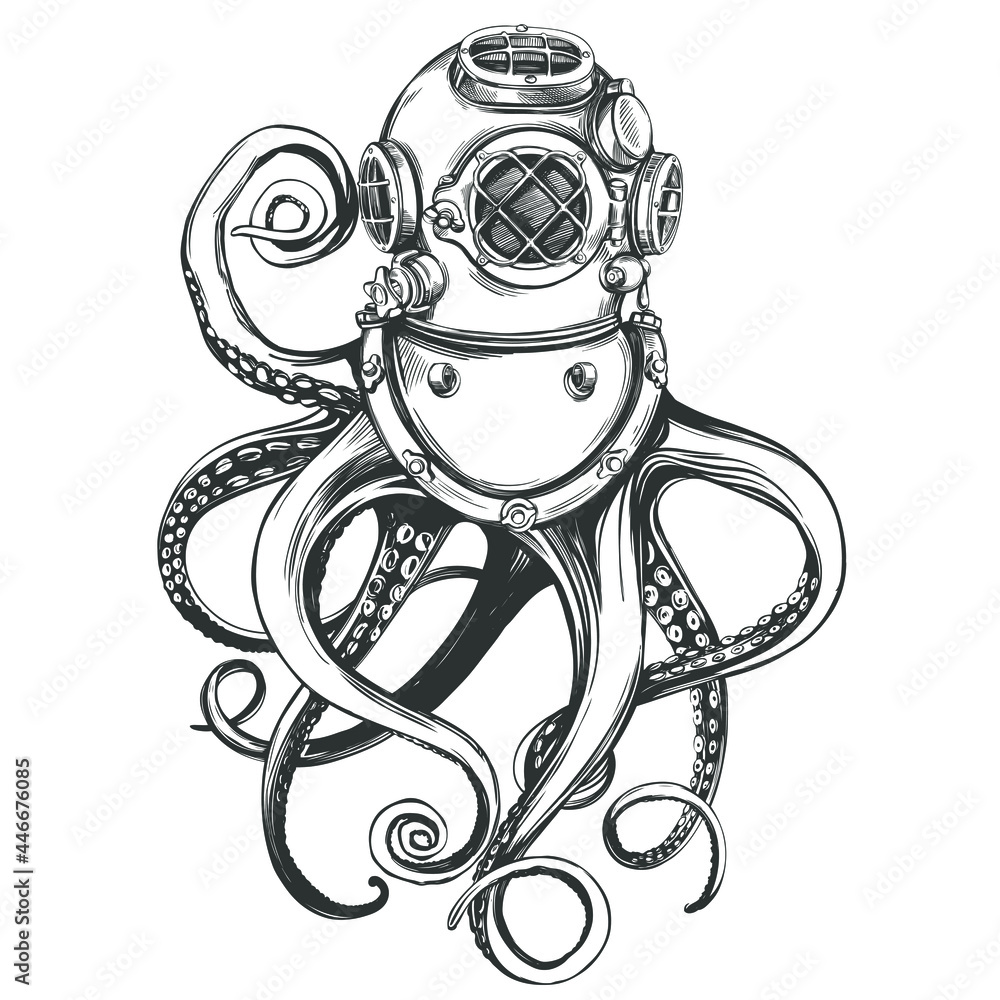 octopus in a diver helmet, old underwater diving helmet hand drawn vector illustration sketch