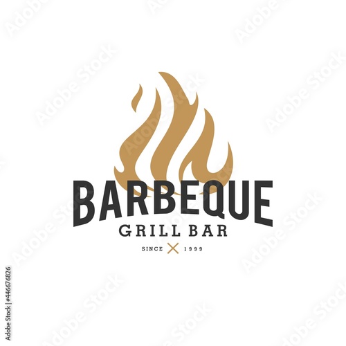 vintage barbeque poster, grill bar BBQ restaurant logo with fire and hipster typography in classic style